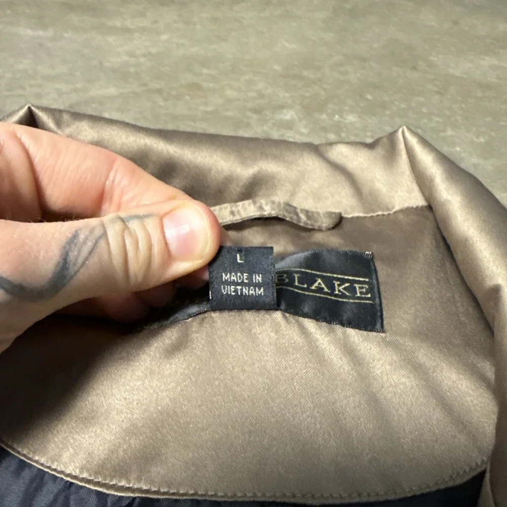 Kristen Blake Satin Black Gold‎ BronzeWomens Top Coat Jacket Trench Zipper L